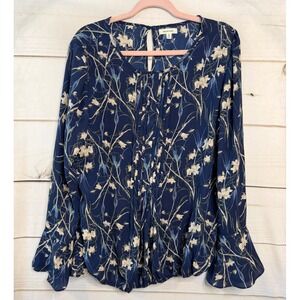 Max Studio Navy Blue Floral Pleated Bell Sleeve Blouse Top 6708D30 Womens L